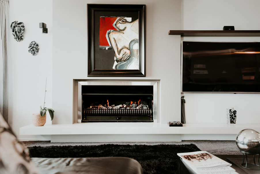 A modern, minimalistic fireplace.